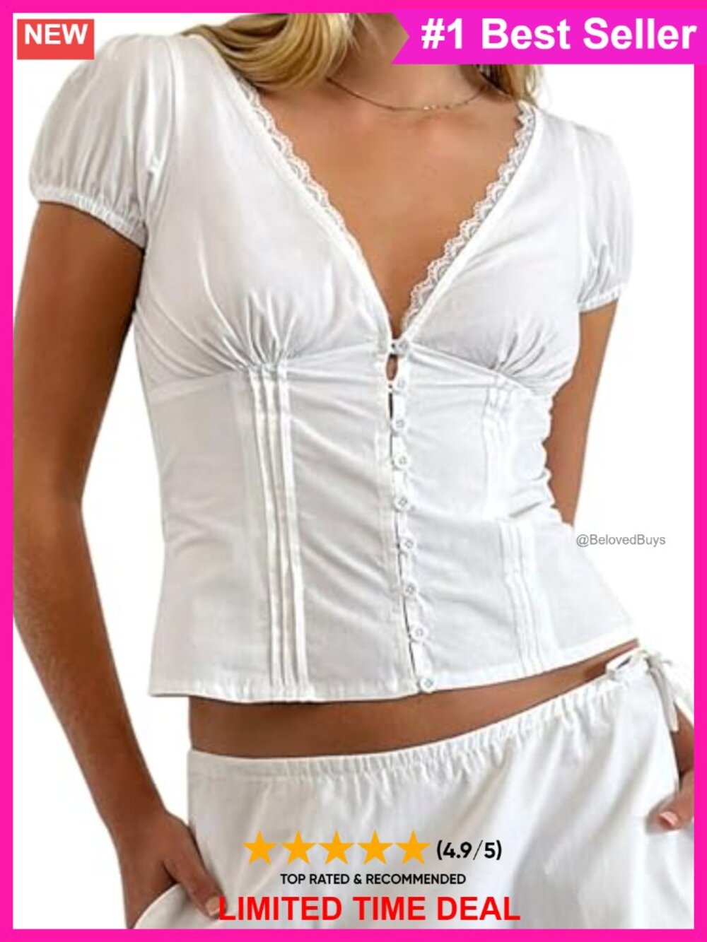 Women's V-Neck Button Down Short Sleeve Blouse Ruched Frill Trim Slim Fit Top